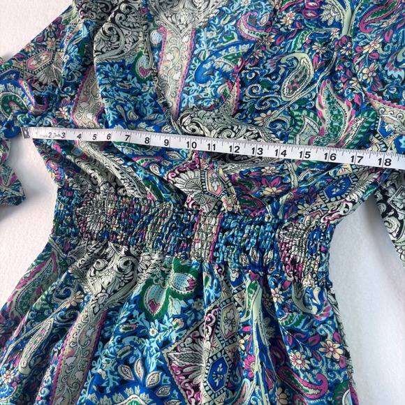 Boho Paisley Print V-Neck Maxi Dress Blue Purple Smocked Waist Tiered - Picture 10 of 12